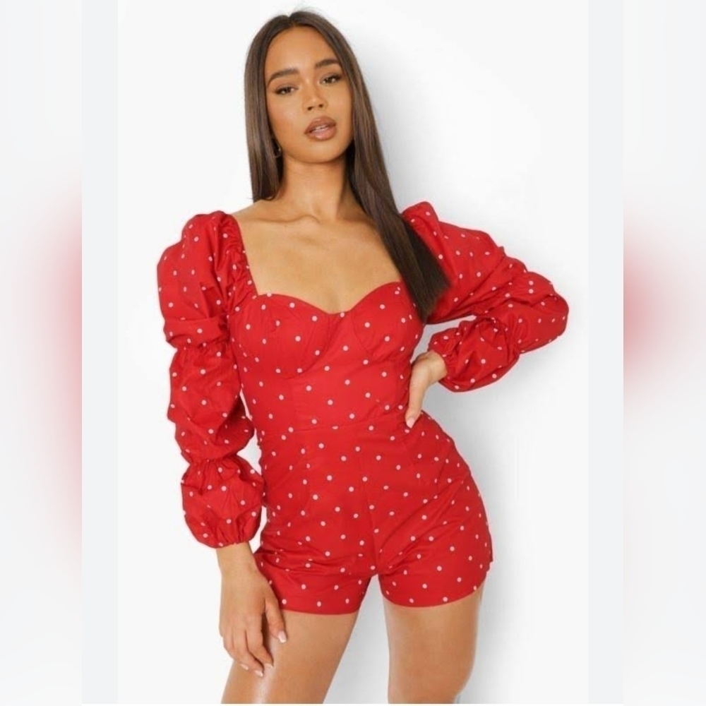 Nwt Boohoo Red Polka Dot Puff Sleeve Playsuit Size 14